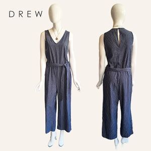 DREW NEW Coastal Grandmother Pin Stripes V-Neck Sash Belt Crop Jumpsuit L